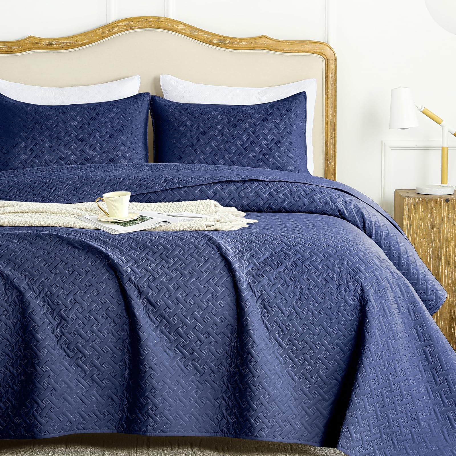 Flymme King Size Quilt Bedding Set Navy Blue Lightweight Bedspreads For All Seasons,Modern Style Geometric Weave Stripe Pattern,